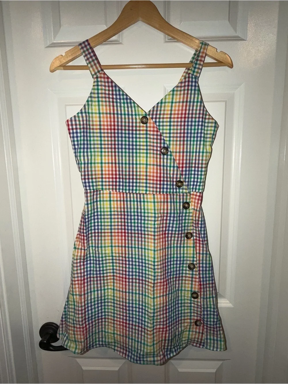 Amy Byer Rainbow Gingham Button-Front Mini Dress 14 like new